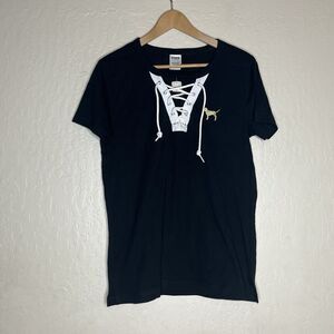 Victoria's Secret PINK BLACK Bling Campus Lace Up Tee Shirt Size XS